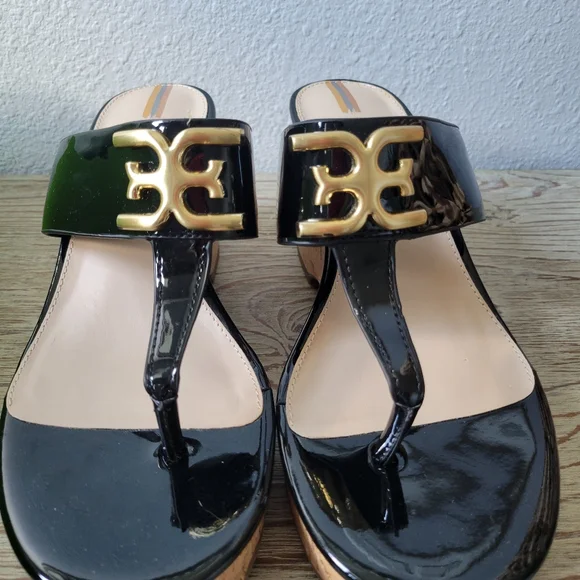 Sam Edelman Yardlie Black Patent and Cork Wedge Thong Sandal Sz 8.5 - Picture 4 of 12